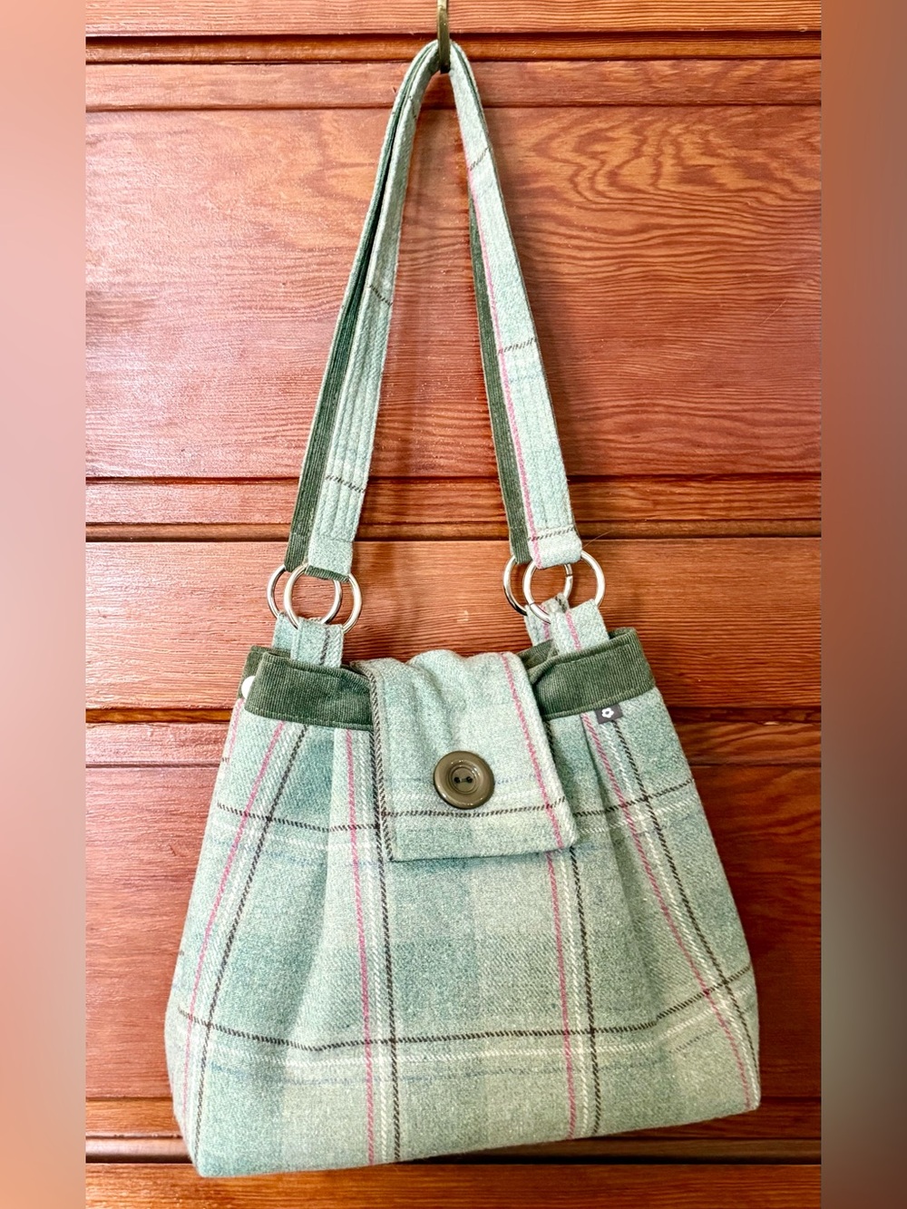 Scottish Green Plaid Ava Tweed Shoulder Bag Purse Ring Strap Accents Fair Trade